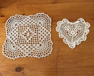 Vintage Crochet Doily Set Square & Heart Handmade Cotton Cottage Farmhouse Decor